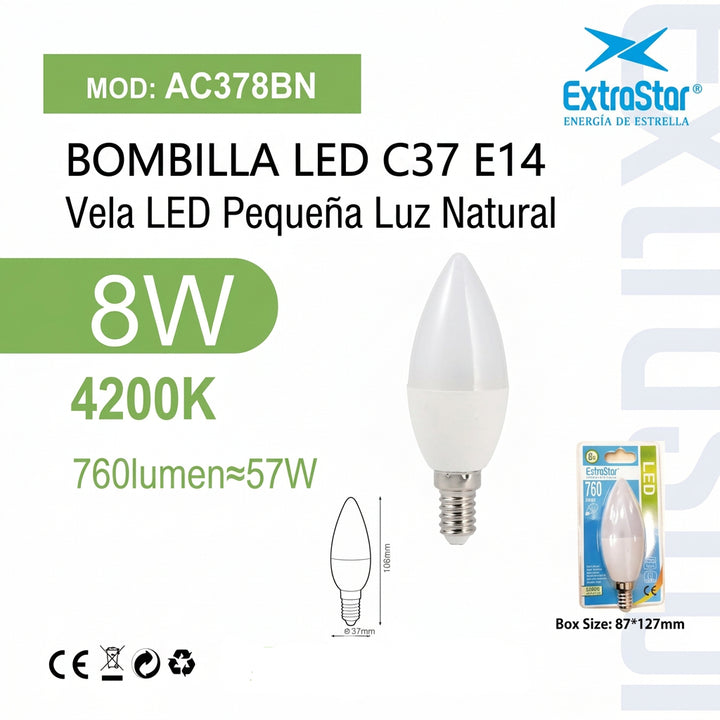 Bombilla LED C37 E14 8W Luz Natural