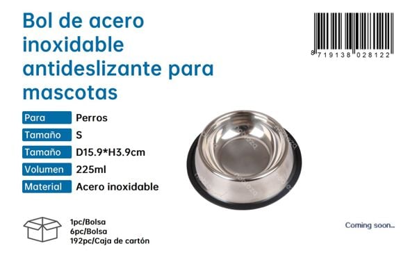 Bol Acero Inoxidable Antideslizante Mascotas S 225ml