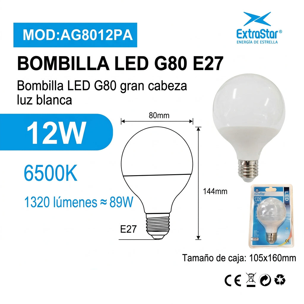 BOMBILLA LED G80 12W E27 1320LM 6500K LUZ FRIA