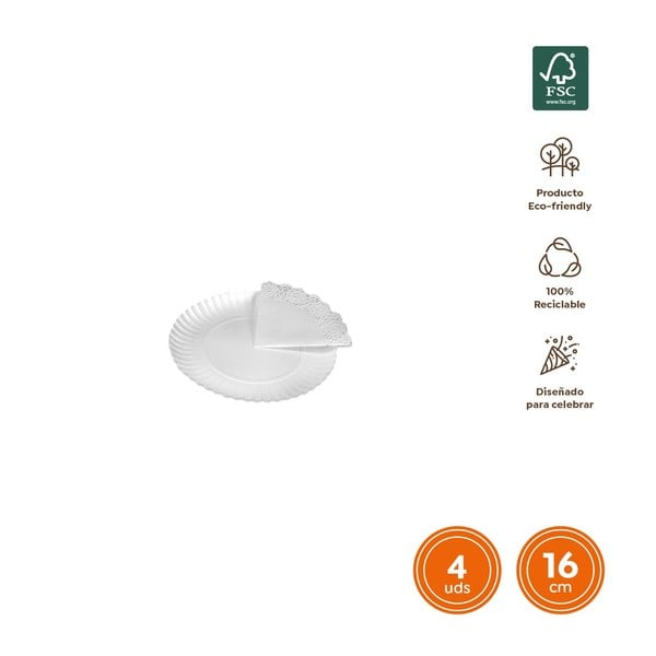 Bandeja Cartón Redonda Blanca Ø16cm 4 Uds FSC