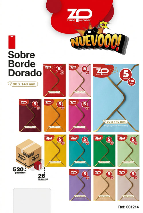 5 Sobres Borde Dorado 90x140 110gr