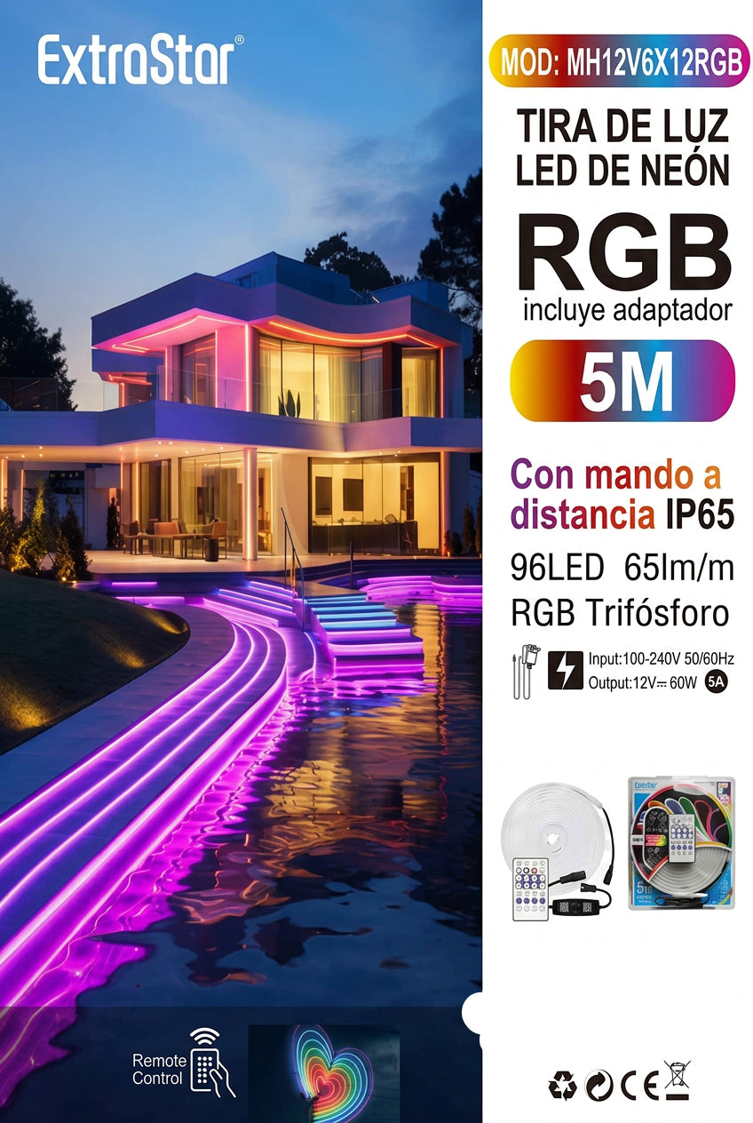 Tiras LED Neon RGB 5M con Mando y Adaptador