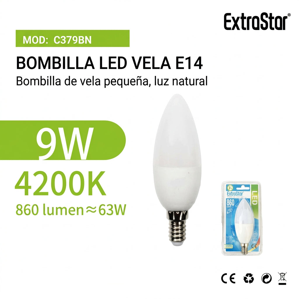 Bombilla LED E14 9W Luz Natural
