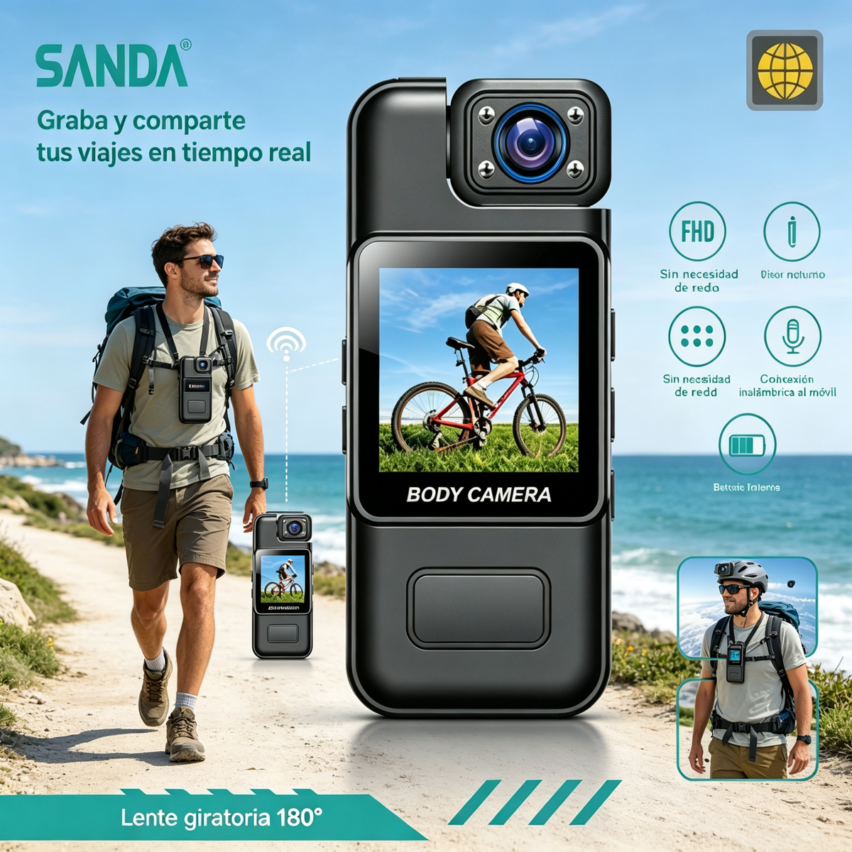 SANDA SD-4680 Cámara Corporal Portátil Body Camera – FHD Visión Nocturna