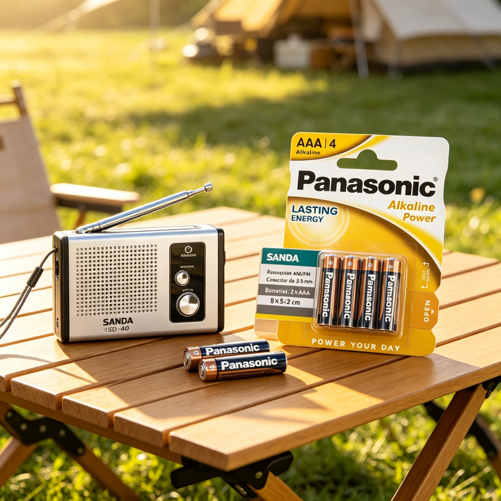 Radio Portátil SANDA + Pack Pilas AAA Panasonic, Radio Mini para Hogar y Exterior