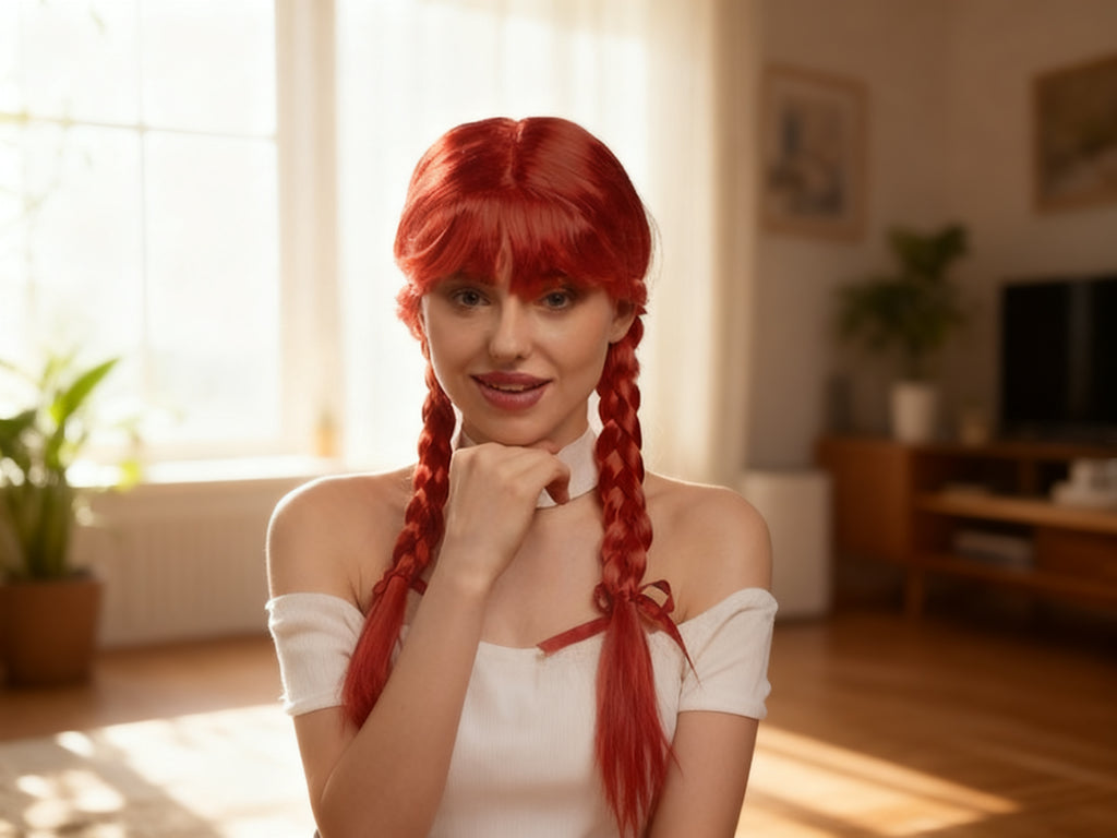 Peluca Roja Trenzas Dobles Halloween