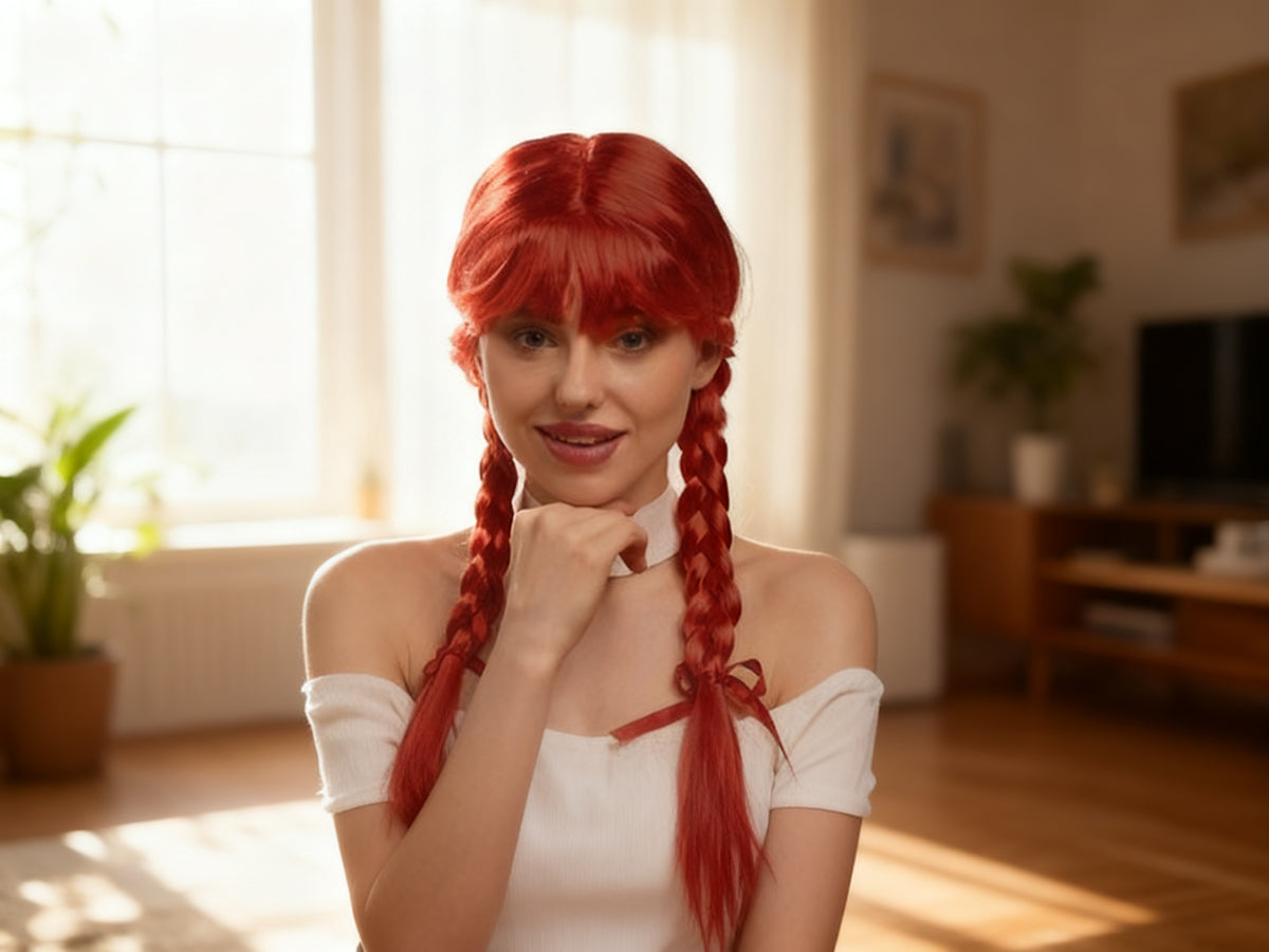 Peluca Roja Trenzas Dobles Halloween