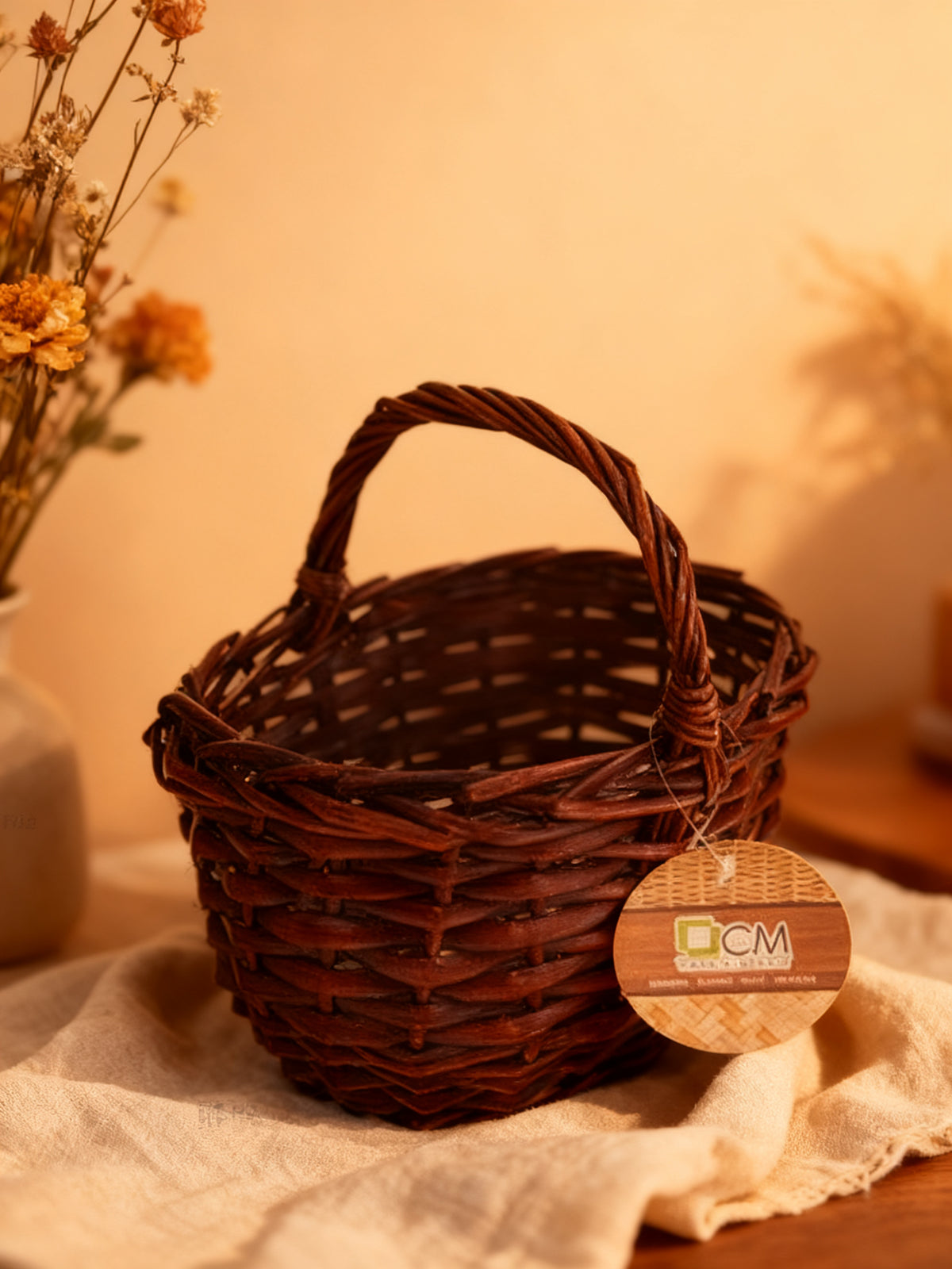 Cesta Mimbre Ovalada Caoba con Asa