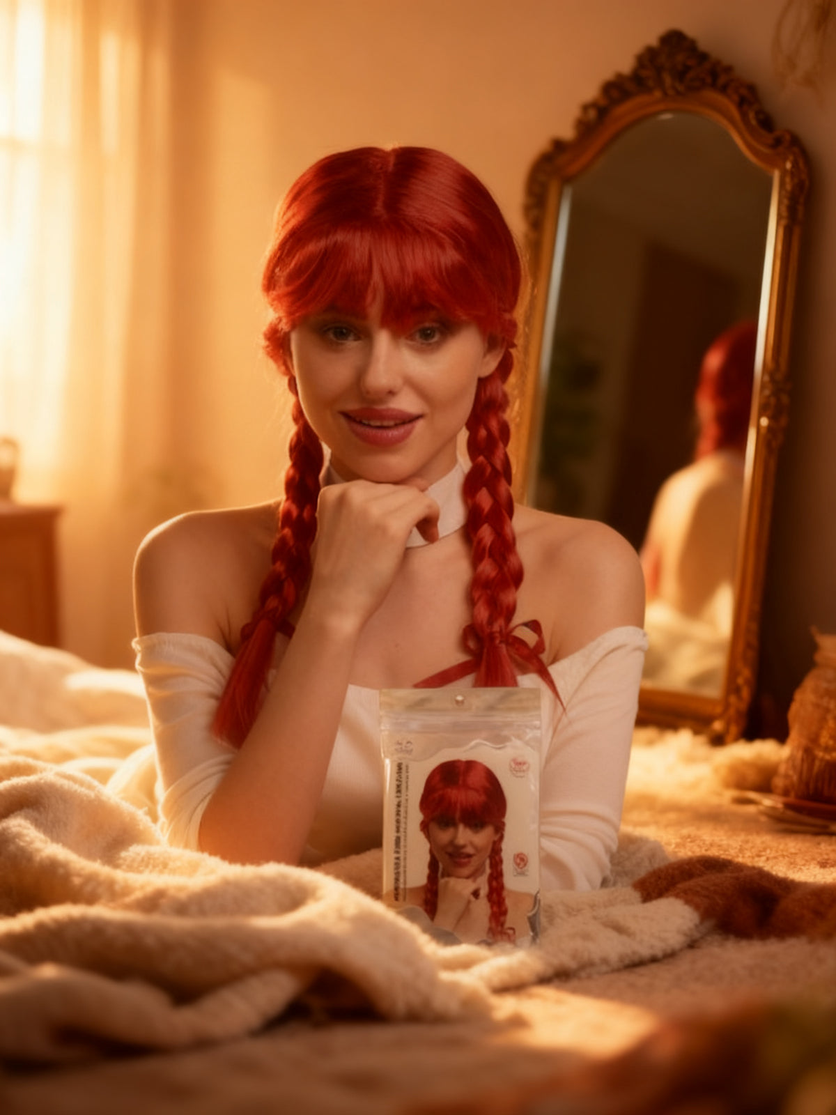 Peluca Roja Trenzas Dobles Halloween