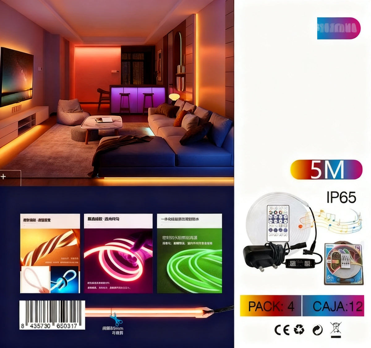 TIRA DE LED NEON RGB MUSICAL 5M CON MANDO Y ADAPTADOR