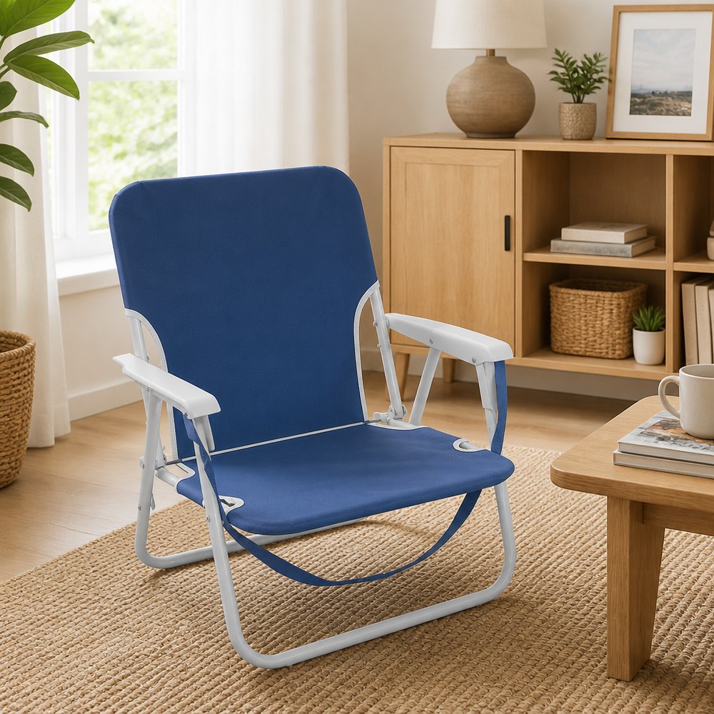 Silla plegable azul y blanca