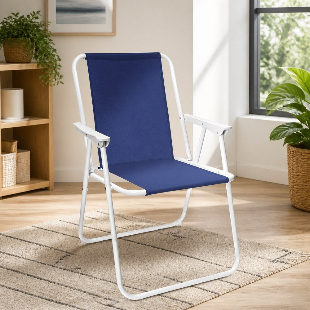 Silla plegable azul y blanca